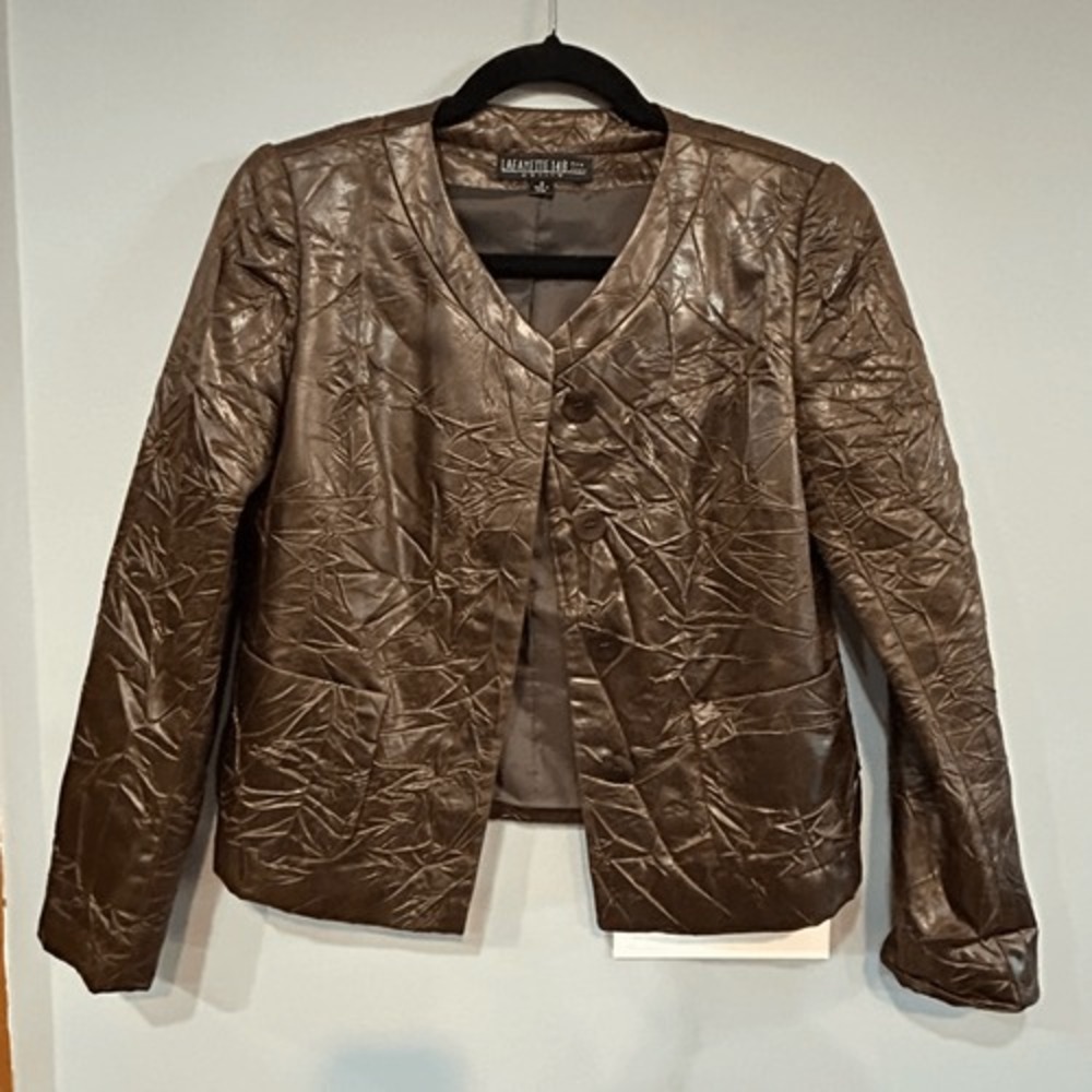 Lafayette 148 New York Petite Bronze Crinkled Metallic Blazer Jacket Brown 0P